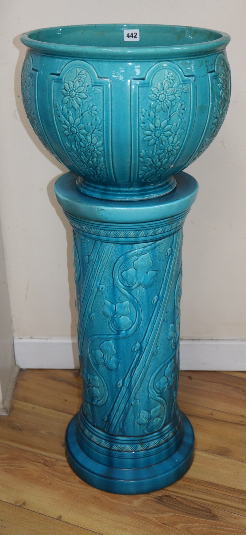 A Burmantofts blue jardiniere and pedestal, overall height 97cm